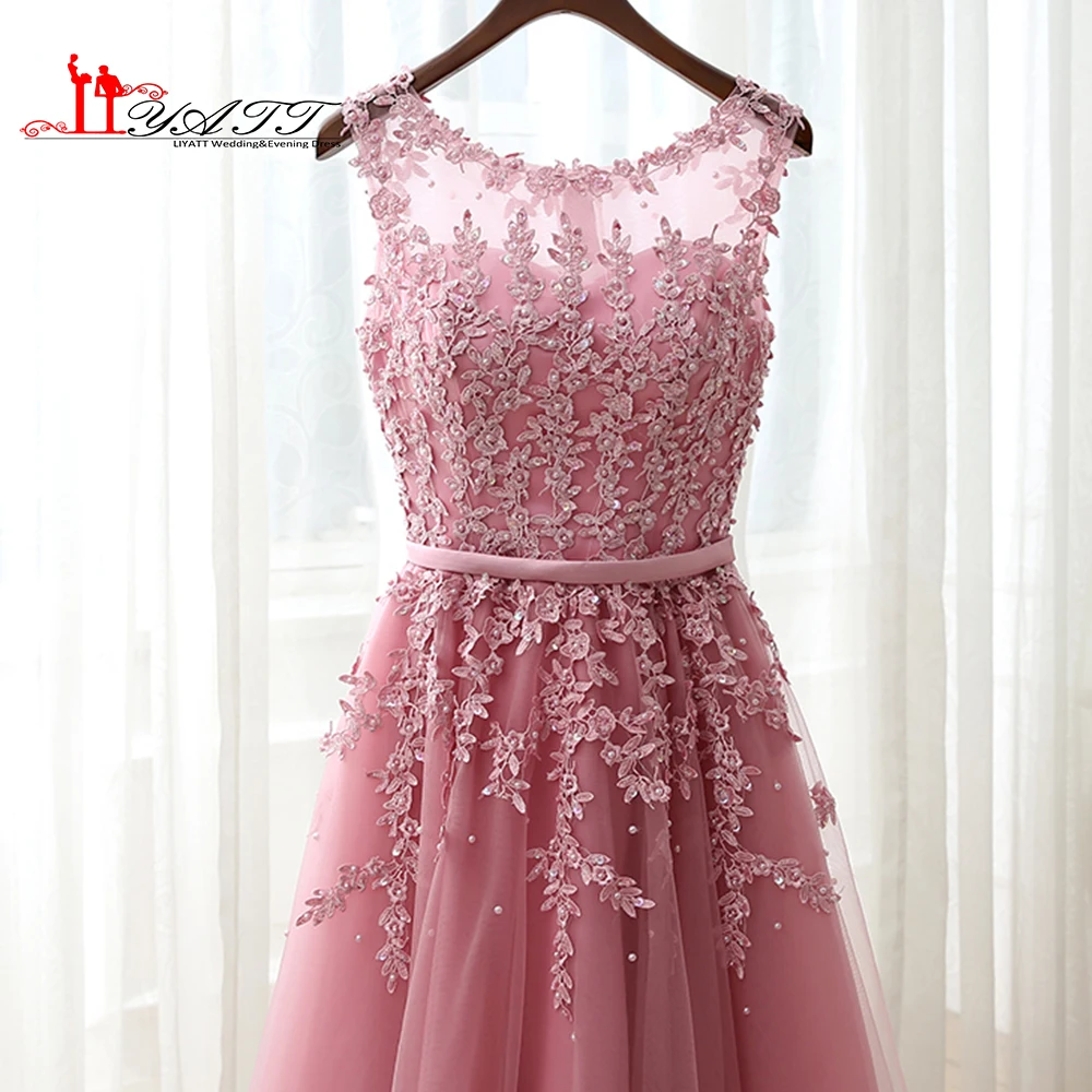 2016 платье для выпускного вечера с розовыми бусинами и кружевной аппликацией