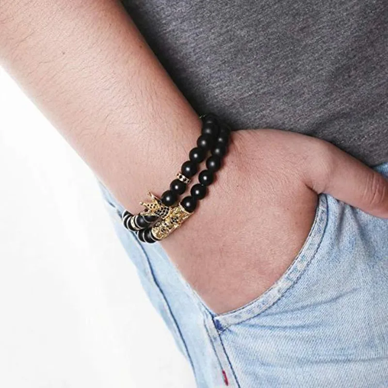 Black Matte Beads Bracelets 8mm Onyx Stone Sets Charm King Crown for Women Men Jewelry pulseras mujer para hombre | Украшения и