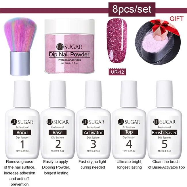 8pcs set12 Ur Sugar 8 шт./компл. погружения ногтей Блеск порошок Наборы градиент французский гвоздь натуральный Цвет голографическая пигмента сухой без лампы для лечения - Цвет: 8pcs set12