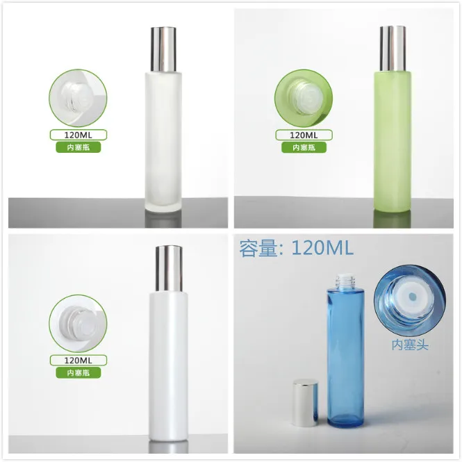 

120ml frosted/green/blue/white glass bottle shiny silver lid plastic stopper for serum/lotion/emulsion/toner cosmetic packing