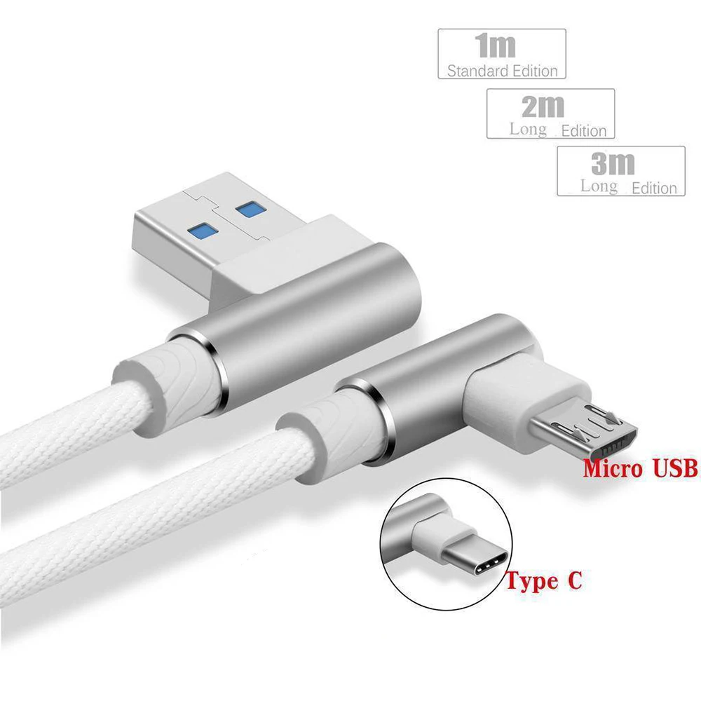 Белый L Форма 1/2/3M Micro Зарядка через usb кабель Нейлон Плетеный Micro-Тип usb-C кабель быстрая зарядки шнур для samsung Xiaomi Android IOS - Цвет: Белый