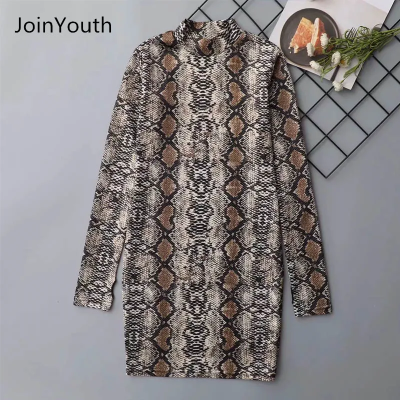JoinYouth женское осеннее мини-платье из змеиной кожи с длинным рукавом сексуальное