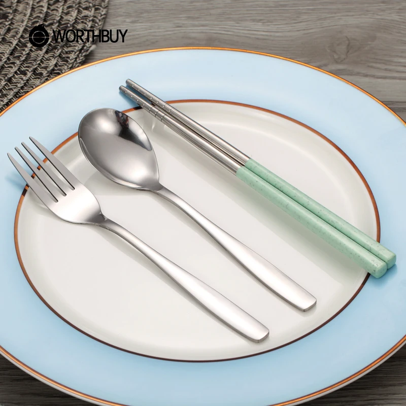 WORTHBUY Portable Dinnerware Set Stainless Steel Cutlery With Wheat Straw Handle Tableware Set For Kids School Dinner Set