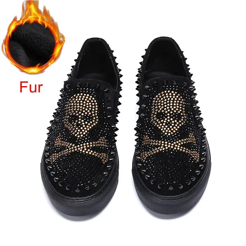 Fur spike gold Элитный бренд череп Для мужчин Лоферы черного цвета со стразами Стразы шипы Для мужчин обувь с заклепками; повседневные туфли на плоской подошве; кроссовки; ; Прямая поставка; - Цвет: Fur spike gold