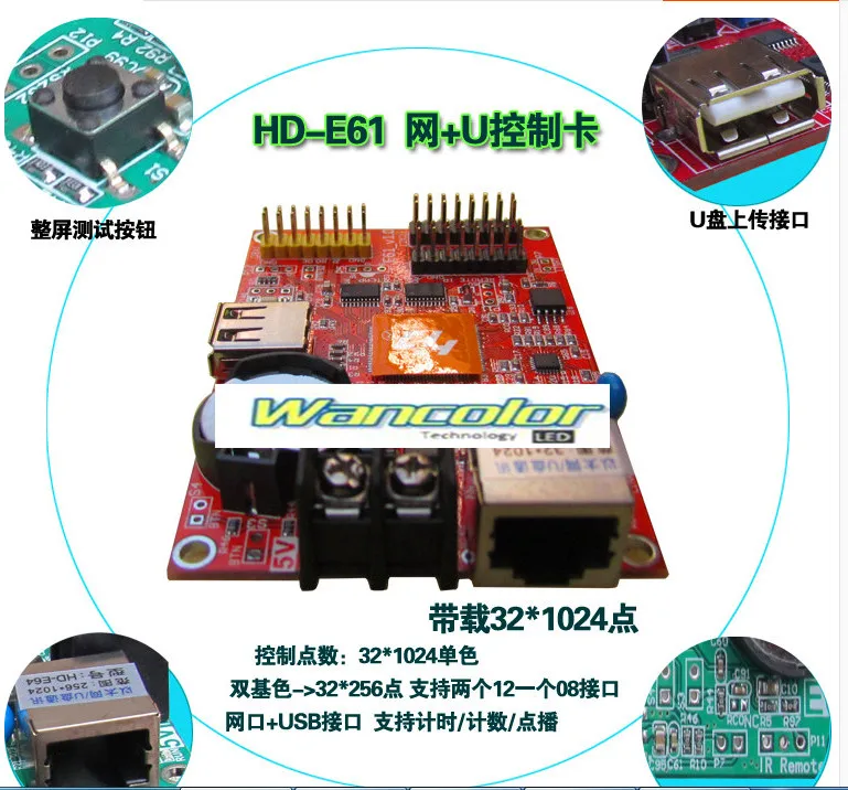 

free shipping Asynchronous RJ45 network & U-Disk serial port led display controller HD-E61 for single color/dual color led sign