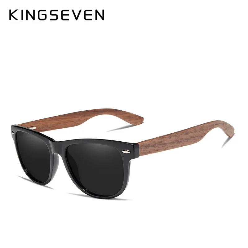 KINGSEVEN, черные солнцезащитные очки из орехового дерева, поляризационные солнцезащитные очки, мужские очки с защитой от ультрафиолета, с деревянной коробкой, Oculos de sol - Цвет линз: Gray Walnut Wood