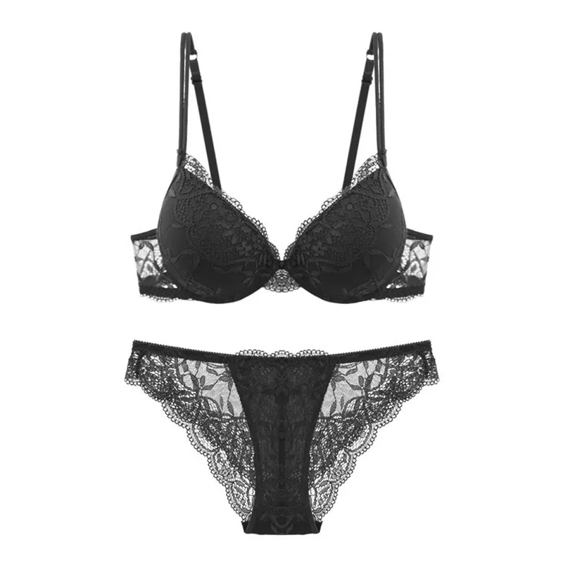 Varsbaby 3 Sets/Lot sexy floral lace deep V push up underwear bra and panty sets