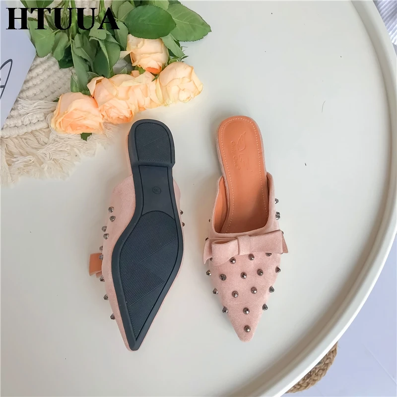 HTUUA/осенние модные женские шлепанцы из флока с заклепками и бантиком-бабочкой