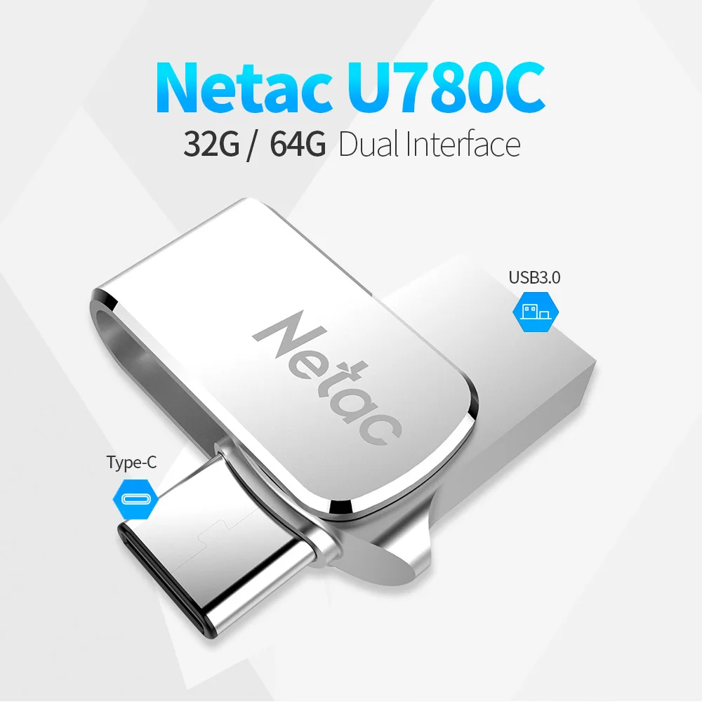 Netac U780C Тип C флеш-накопитель USB 3,0 серебристый алюминиевый сплав USB3.0 OTG флэш-диск металлический 32 Гб 64 ГБ флеш-накопитель для сотового телефона ПК