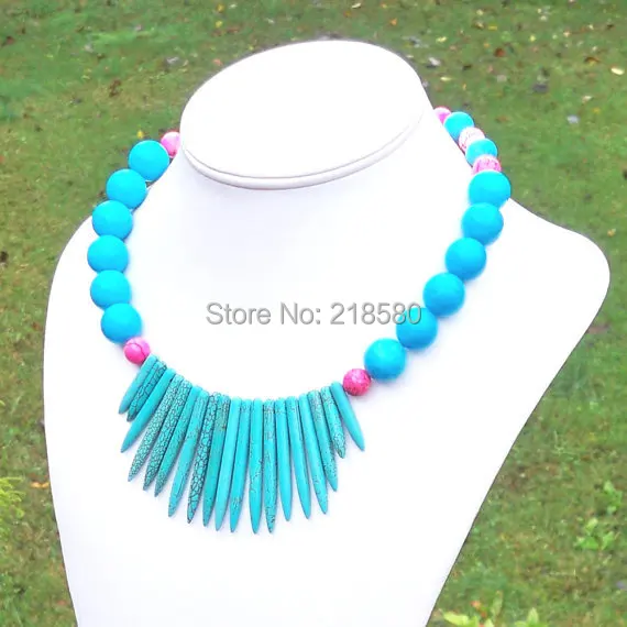 

QN278 , Ethnic, Tribal, Aqua Blue Howlite and Hot Pink Howlite Spike Beaded Necklace