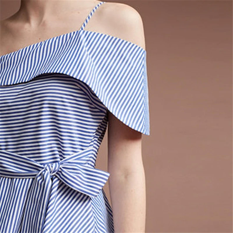 Слово воротник ремни синий и белый в полоску Блузы с открытыми плечами Леди Топ