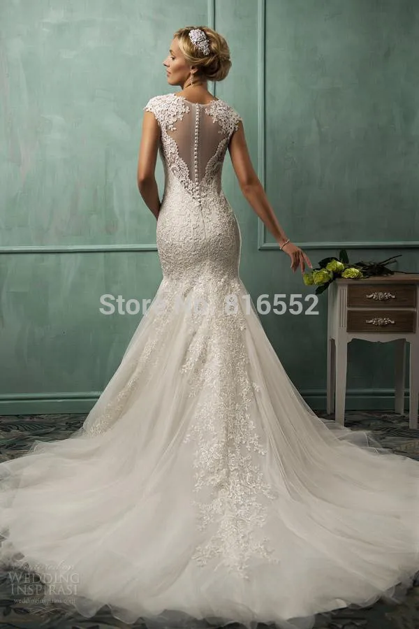 New Illusion Backless V Neck Cap Sleeve Mermaid Wedding Dresses 2014 Tulle Lace Appliques Chapel train Vestido De Noiva W40 | Свадьбы и