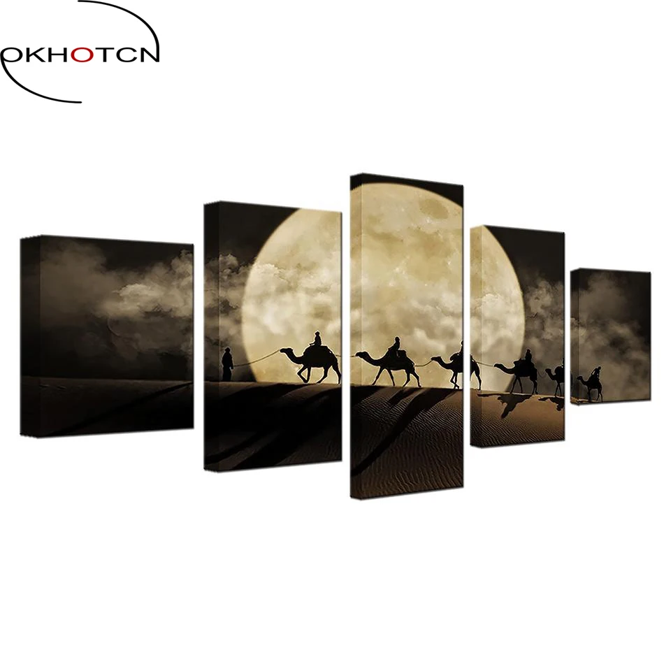 

OKHOTCN Wall Picture Print Painting Modular 5 Panel Full Moon Desert Poster Canvas Frame Art For Living Room Home Decor Artwork