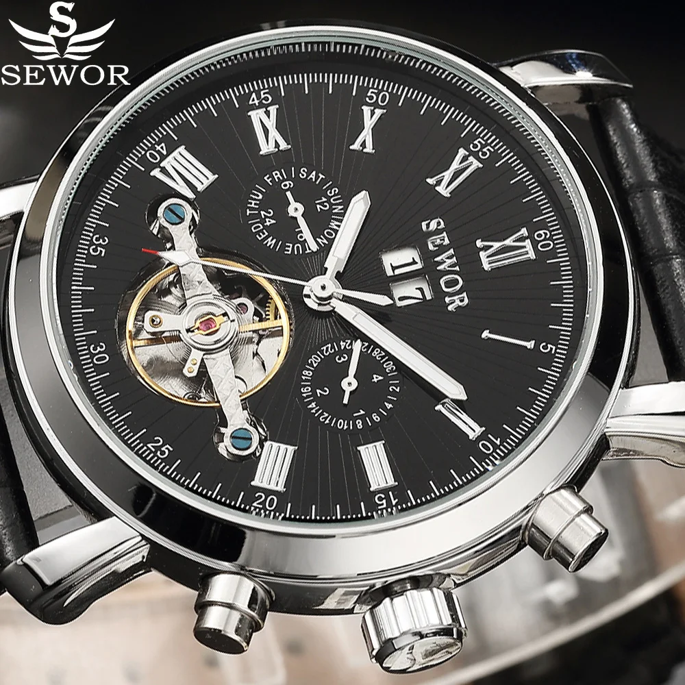 Автоматические механические часы SEWOR Tourbillion черные серебристые деловые