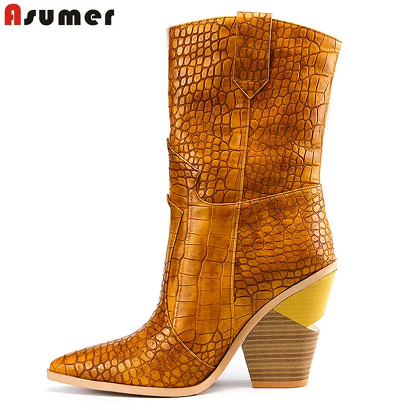 brown ASUMER/ г., новые модные ботильоны, размеры 34-46 женские осенне-зимние ботинки с острым носком женские ботинки на Высоком толстом каблуке - Цвет: brown