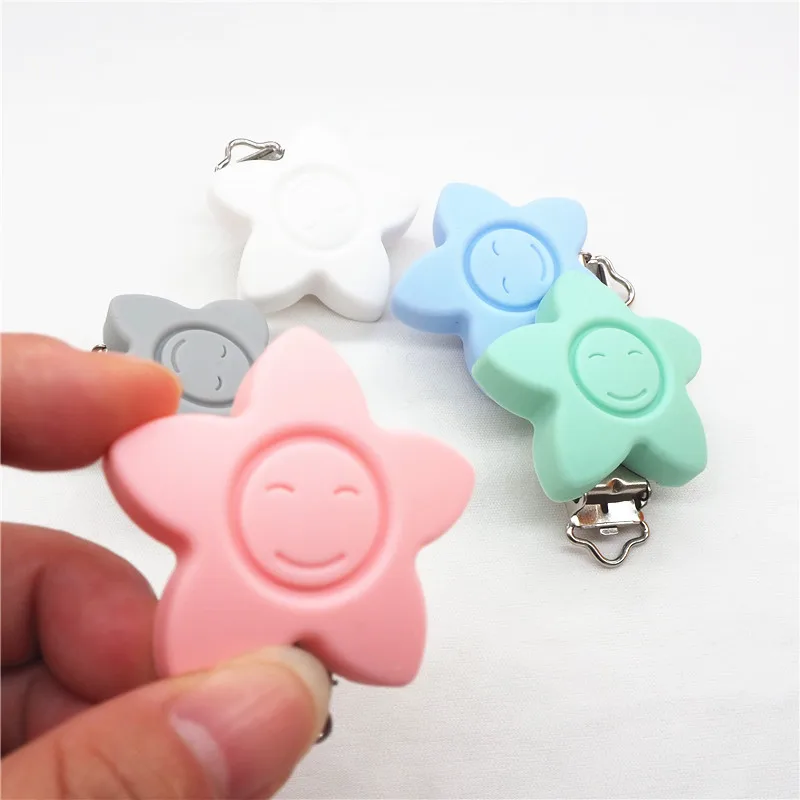 Chenkai 10pcs BPA Free Silicone Flower Clips DIY Baby Teether Pacifier Dummy Montessori Sensory Holder Toy Smile Face Star Clips