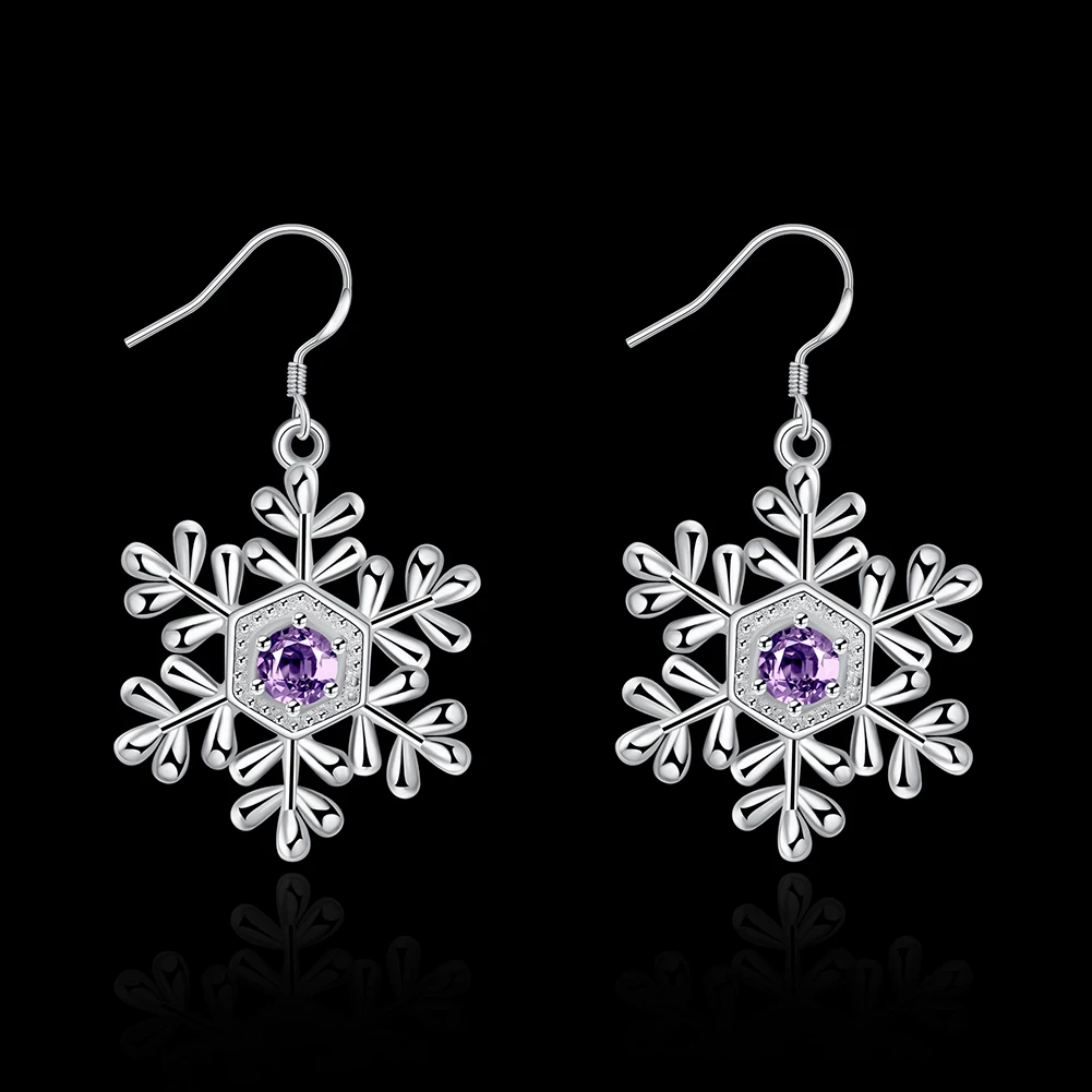 E740 Оптовая моды посеребренные серьги-гвоздики Snow Flake Серьги фиолетовый камень