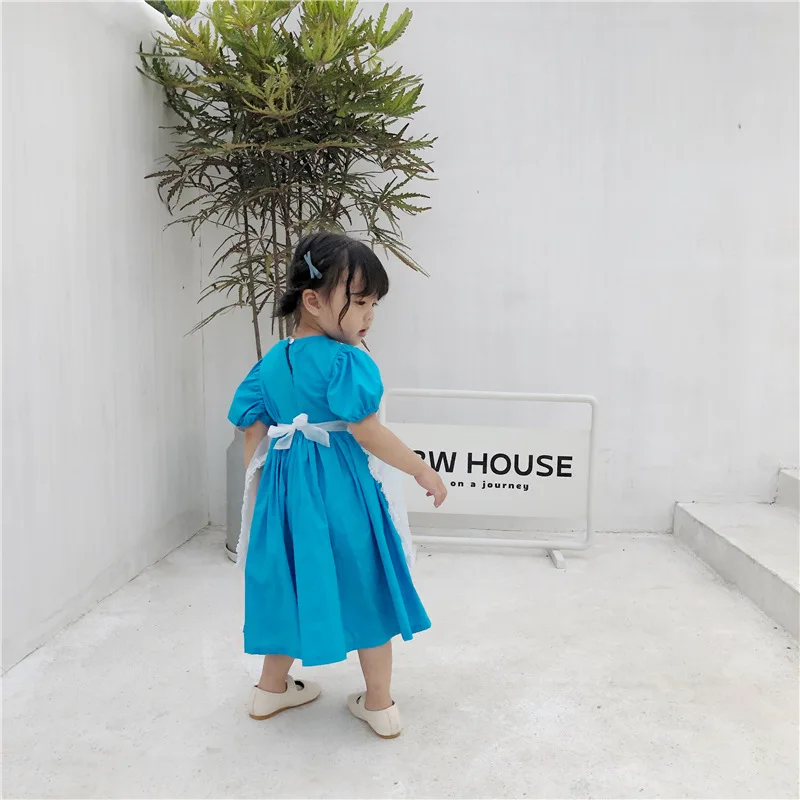 Korean style baby girls fashion solid color puff sleeve princess dress with mesh apron 1-6 years kids all-match long dresses | Детская