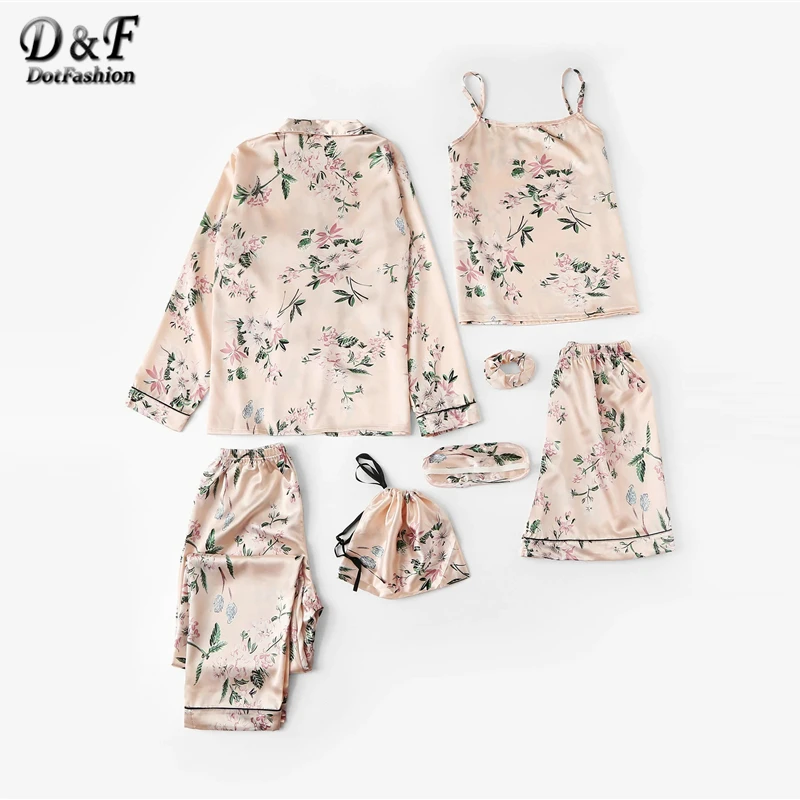 Dotfashion абрикосовый 7 шт. цветочный принт атласный Cami PJ набор с рубашкой пижамы для женщин Весенняя элегантная Домашняя одежда с длинным рукавом