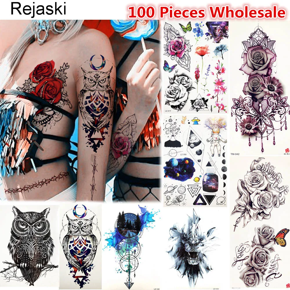 

Rejaski 100 Pieces Wholesale Original Temporary Tattoo Flash Body Art Rose Tatoo For Men Women Fake DIY Owl Henna Tattoo Sticker