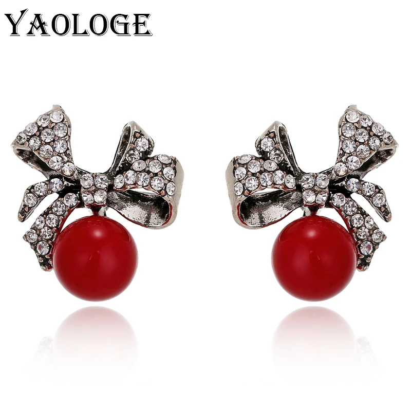 YAOLOGE Unique Inlaid Rhinestone Bow Stud Earrings Imitation pearls Trendy Jewelry Wedding Party For Women Gifts E1568 | Украшения и