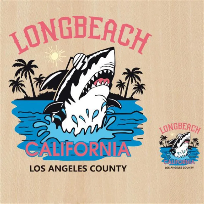 T shirt women Diy pvc patch LONGBEACH shark biker patches for clothing heat transfer printing clothes stickers free shipping | Дом и сад