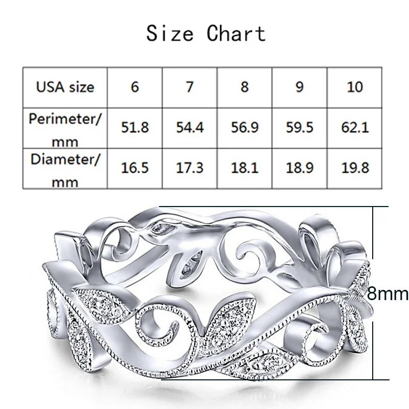 Seaside Size6/7/8/9/10 Crystal Silver Unique Flower Ring Exquesite 1PC Women Beautiful Leaf Rose Golden Vine leaves Zircon Party | Украшения