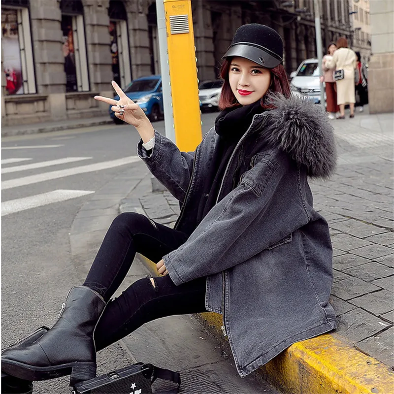 Women Denim Cotton Parkas Medium Long Hooded Fur Collar Lambswool Jacket 2021 Winter New Large Size Fashion Outwear JIA389 | Женская