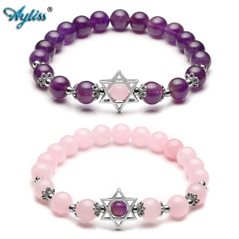 Ayliss Natural Stone Bracelets Hollow Six-pointed Star Elastic Bracelet Gem Purple Pink Stretch Jewelry 6.5&quotinch | Украшения и