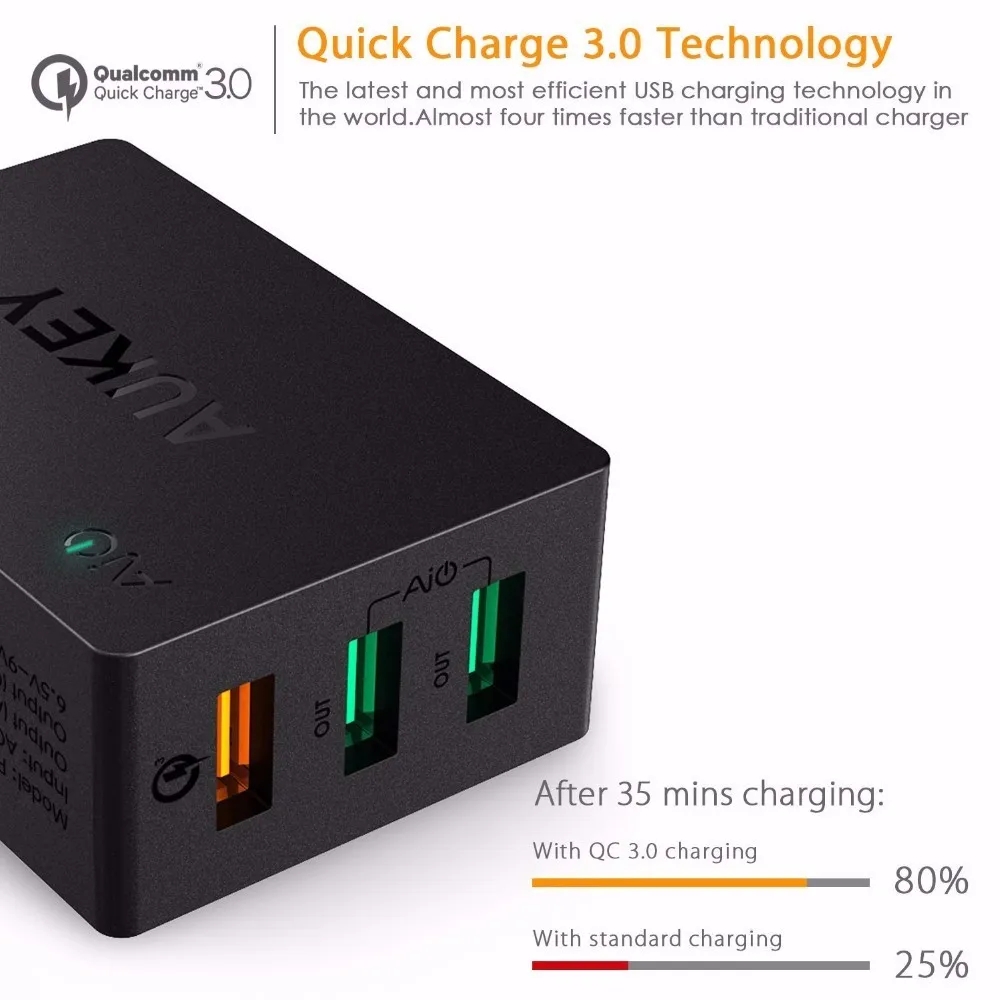AUKEY USB Зарядное устройство 43 5 Вт Quick Charge 3 0 Fast QC3.0 Мобильный телефон стены для iPhone X 8
