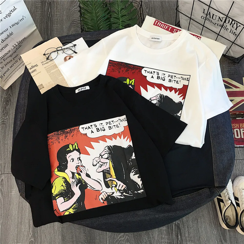 Harajuku/футболка с мультипликационным принтом, подходит ко всему, модная летняя футболка с коротким рукавом, женские милые студенческие черно-белые футболки