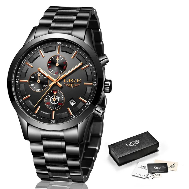 black rose gold Relojes Hombre LIGE мужские часы Топ бренд класса люкс бизнес синий циферблат полностью стальные водонепроницаемые новые часы мужские спортивные кварцевые часы - Цвет: black rose gold