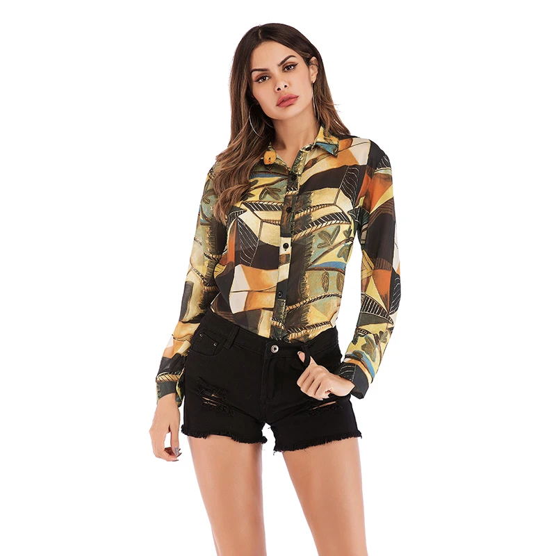 Cacool/желтая Ретро женская летняя приталенная шифоновая блузка с длинным рукавом из хлопка однобортный