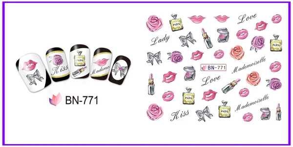 Uprettego 12 упак./лот воды Наклейка ногтей nail стикер Валентина Lip stick Высокий каблук обувь флакон духов Роза BN769-780