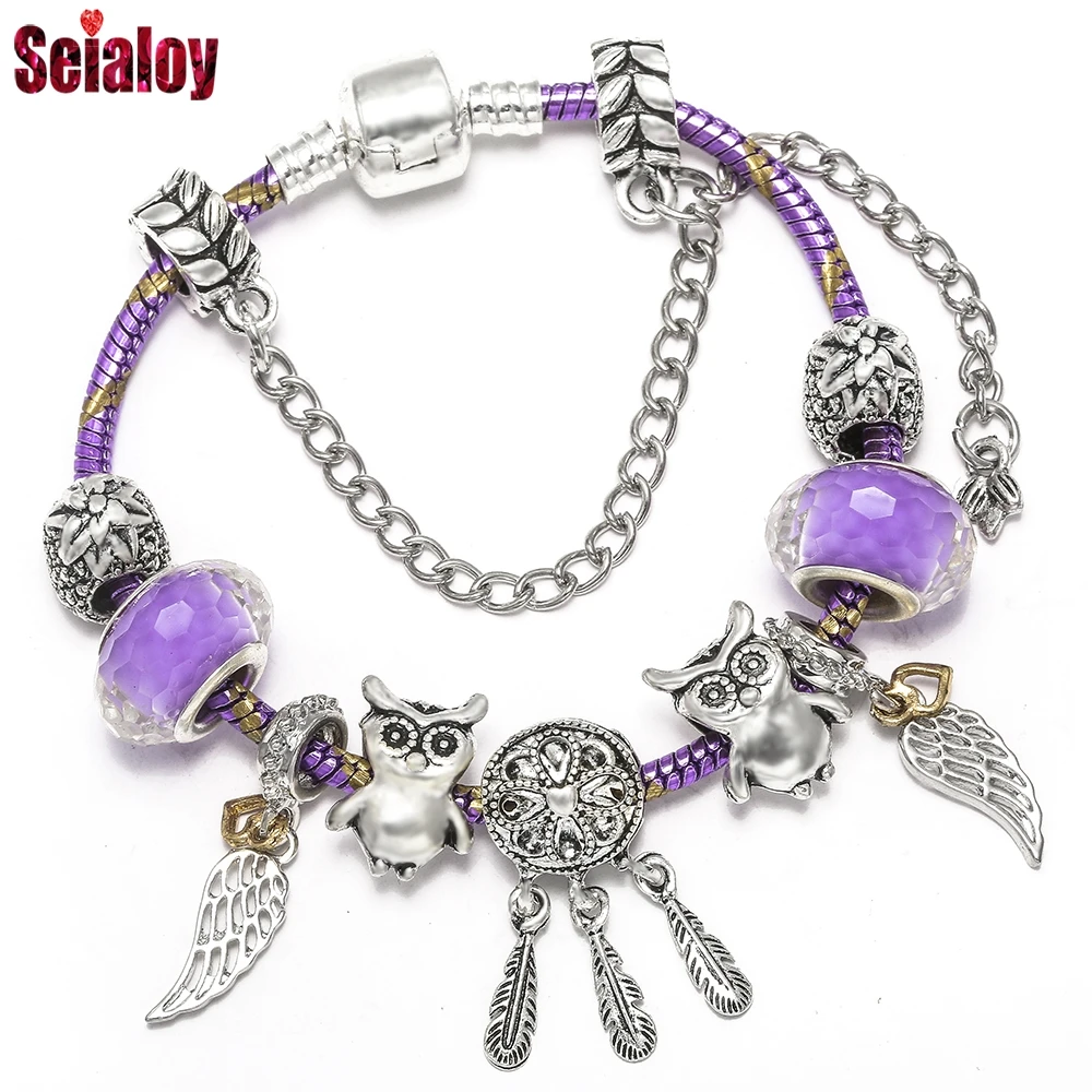 SEIALOY Purple Gold Bracelet For Women Dreamcatcher Bead Charm Brands Bracelets Bangles Fit Girls Couple Friendship Gift | Украшения и
