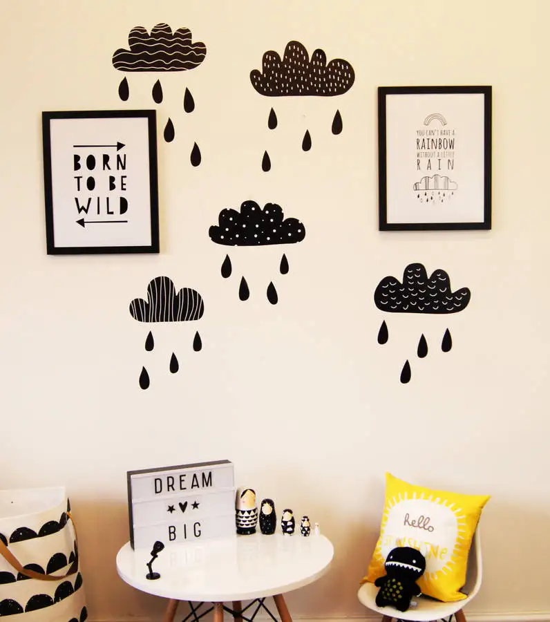 Фото Монохромные наклейки на стену с облаками и каплями дождя декоративные для