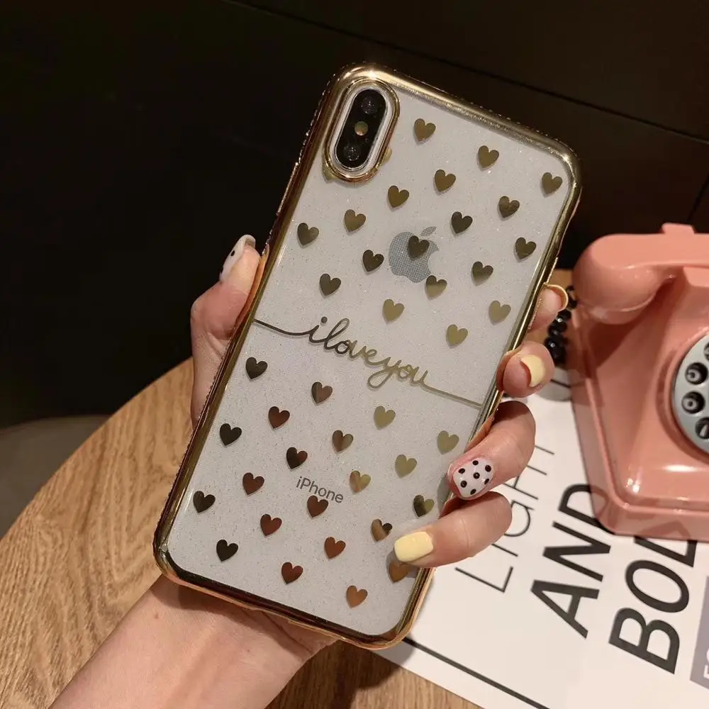 Diamond Case For iphone 6 6s 7 8 Plus X XR XS MAX Love Heart Pattern Back Cover 6plus 7plus 8plus XSMAX Bling Transparent Cases | Мобильные