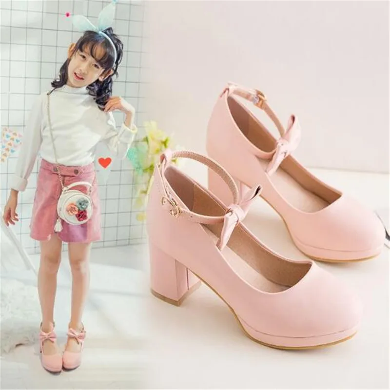 Туфли детские кожаные на высоком каблуке модные вечерние туфли для девочек