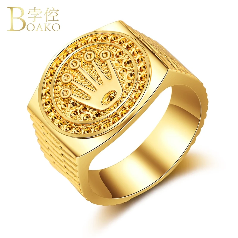 BOAKO Rapper Men Ring Wide Hip Hop Statement Gold Engraved Luxury Iced out crown anillos hombre party jewelry | Украшения и