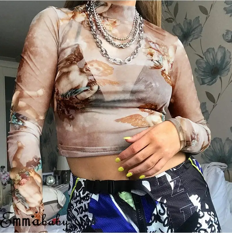 Хит продаж женский укороченный топ сексуальный сетчатый принт длинный рукав