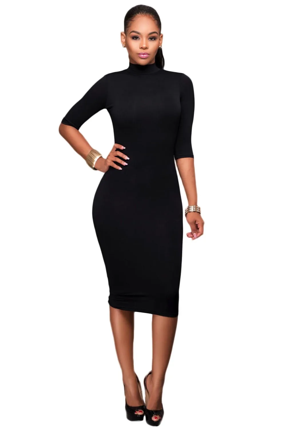 YIRANSHINI Bodycon платья Белый макет шеи o-кольцо акцент сексуальный вырез с рукавом до