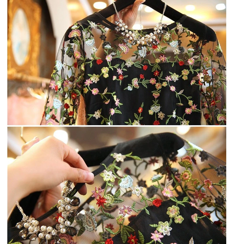 Женщина Винтаж платье 2018 новые летние пикантные с сеткой цветочной вышивкой плюс