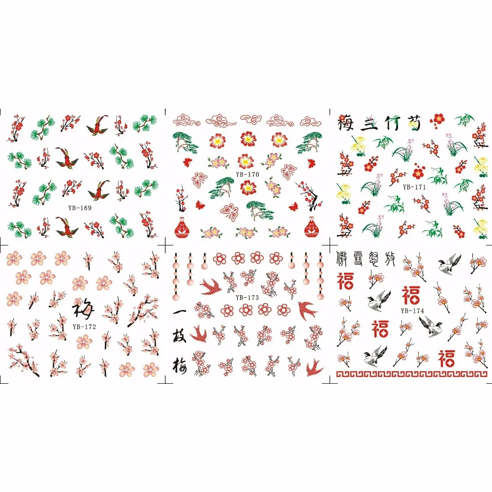 

6 PACKS / LOT NAIL ART WATER TRANSFERS STICKERS NAIL DECALS FLOWER TREE BIRD YB169-174