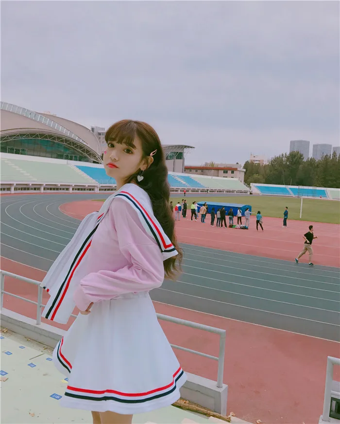 Japanese Harajuku Sweet And Lovely Two-piece Spring Navy Sailor Suit Jacket + High Waist A-line Skirt |