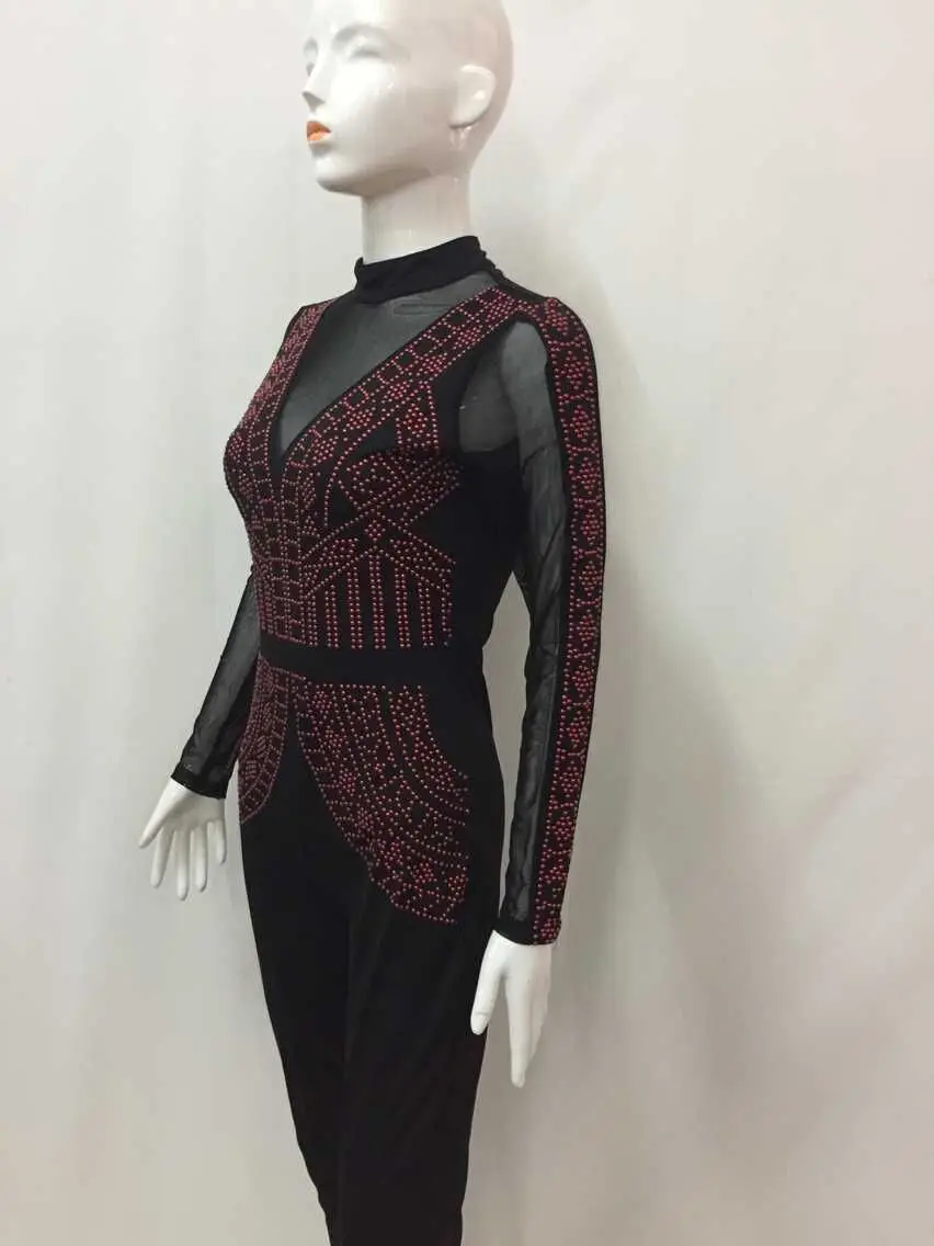 Сетка горячей бурения вечерние бинты Bodycon Комбинезоны S-XXXL плюс Размеры с длинным