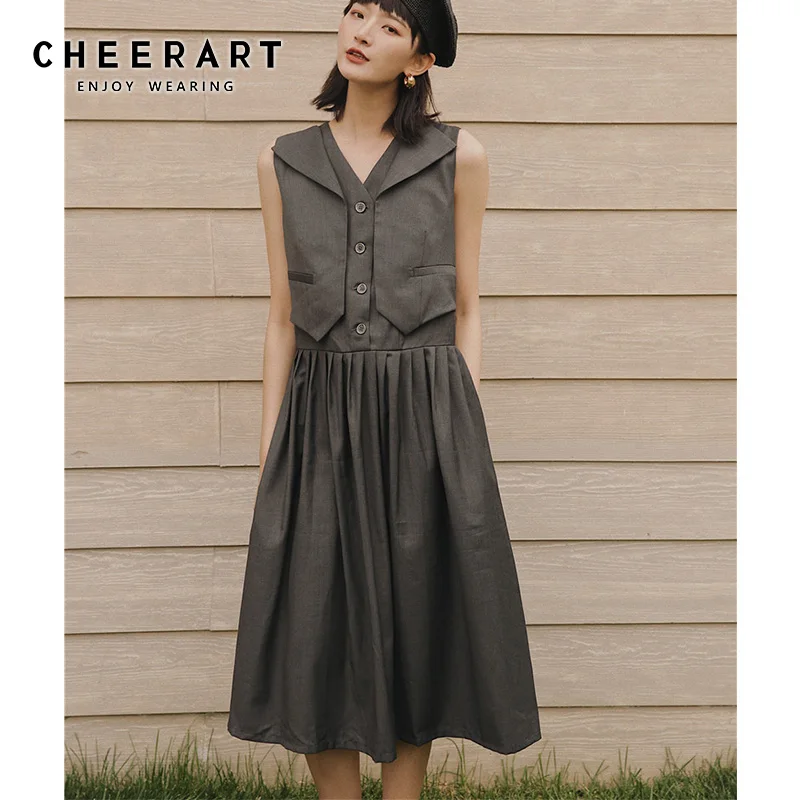 Женское винтажное платье блейзер без рукавов Cheerart серое длинное дизайнерское с v