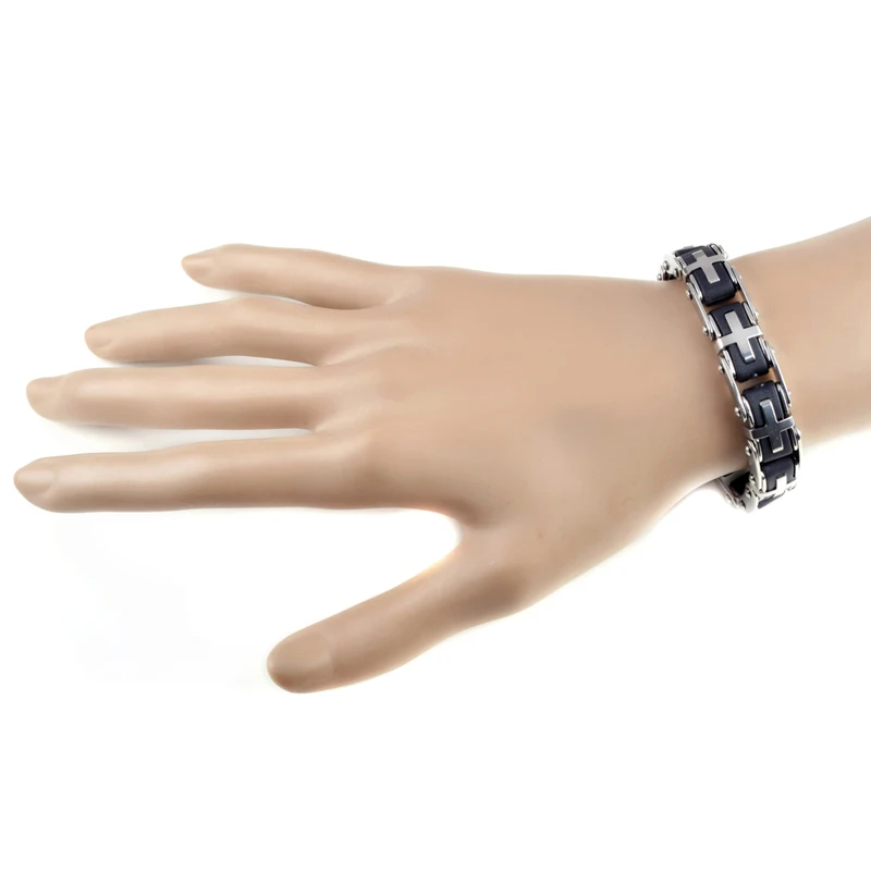 Мужской серебряный браслет из нержавеющей стали 2 размера черный резиновый крест