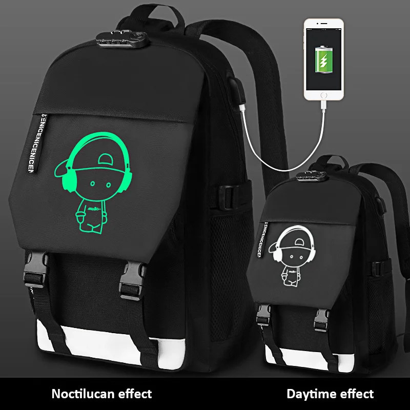 Дорожный Рюкзак Mochila, антикражный Светящийся рюкзак, 16 дюймов, для ноутбука, USB, рюкзак для женщин и мужчин, школьный рюкзак, сумка для мальчиков и девочек, мужской - Цвет: Black music boy