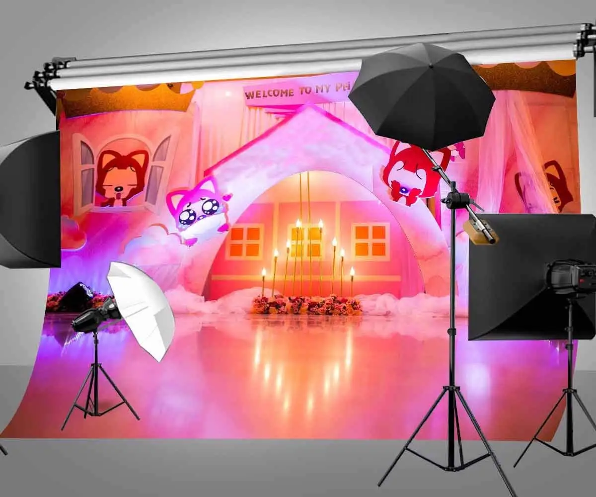 7x5ft Millennial розовый мультфильм комната фон день рождения торт свечи фотография Фон