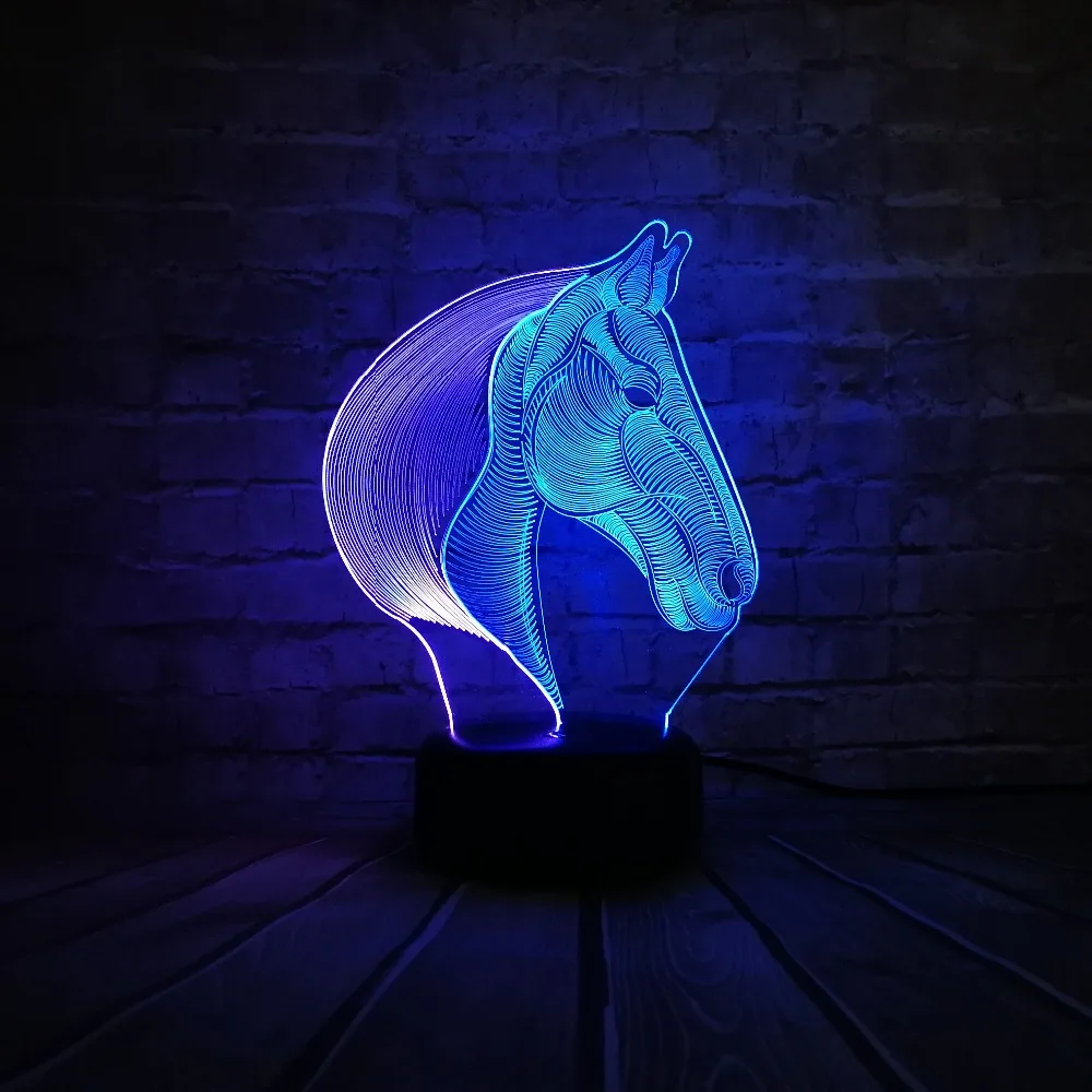 7 цветов Изменение градиент Мода животное голова лошади светодиодные ночники 3D Светодиодный Настольные лампы для дома спальни вечерние Рождественский подарок